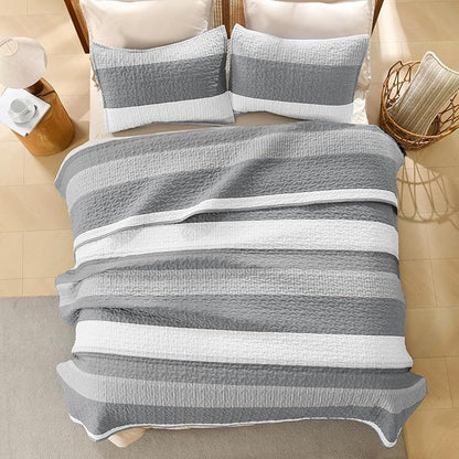 Litanika California King Quilt Set Silver Grey - Cal King Oversized Stripe Comforter Bedspreads & Coverlets - Soft Lightweight Quilted Bedding Set for All Season(1 Quilt, 2 Pillowcases)