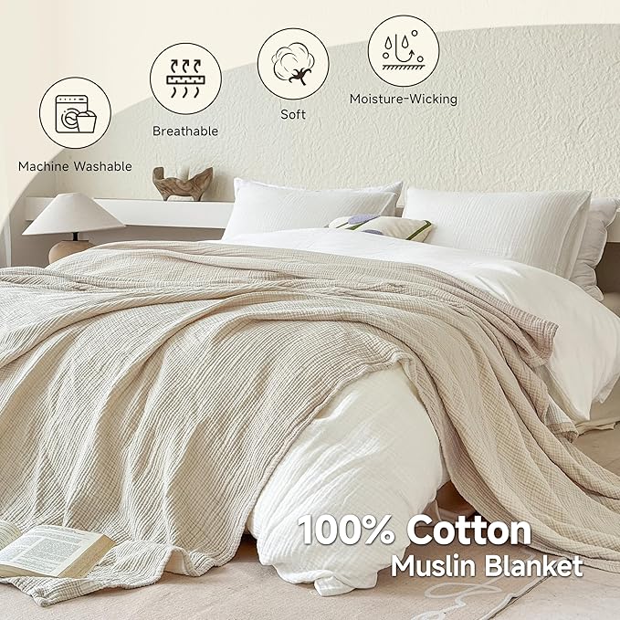 Simple&Opulence 100% Cotton Muslin Blanket, Lightweight Breathable 4 Layering Soft Cotton Throw Blanket,Gauze Blanket for Bed Couch Camping All-Season Use (Beige, 50"x60")