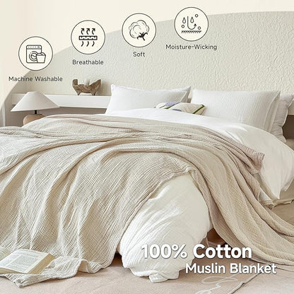 Simple&Opulence 100% Cotton Muslin Blanket Twin Size, Lightweight Breathable 4 Layering Gauze Blanket for Bed Couch Camping, Soft Bedspread Coverlet All-Season Use (Beige, 68"x86")