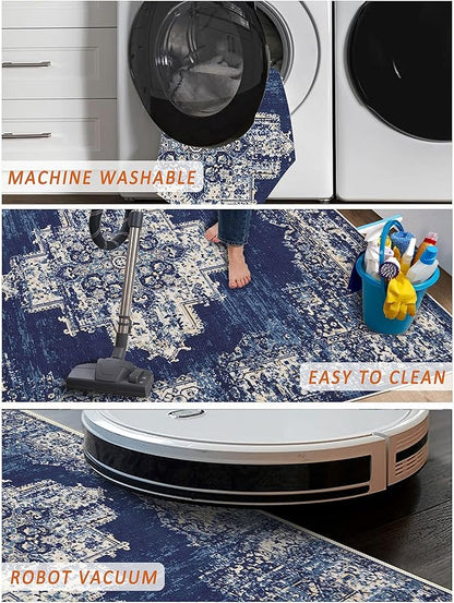 vivorug Runner Rug 2'x8' Machine Washable Non-Slip Runners for Hallways Kitchen Entryway Laundry Room Vintage-Inspired Carpet Hallway Runner Navy Blue