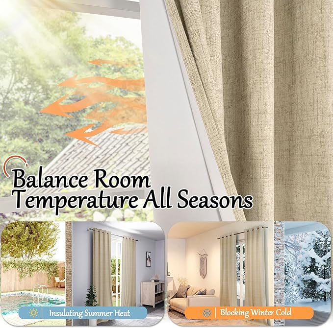 Lajode 100% Blackout Curtains for Living Room/Bedroom 84 Inch Length 2 Panels Set, Thermal Insulated Bronze Grommet Boho Light Blocking Faux Linen Window Drapes White Liner, Each 52" Wide, Burlap