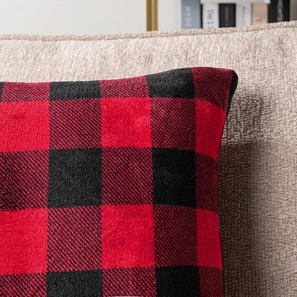 PAVILIA Checker Plaid Throw Pillow Covers 20x20 Set of 2, Decorative Pillow Cases for Bed Sofa Couch, Boho Aesthetic Accent Decor Cushion Bedroom Living Room, Velvet Square Euro Sham Covers, Black Red
