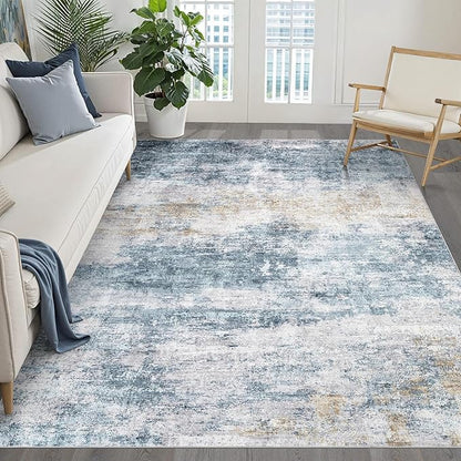 6x9 Area Rugs Living Room: Washable Large Neutral Rug Abstract Soft Modern Stain Resistant Indoor Floor Non-Slip Carpet for Bedroom Nursery Kids Office Playroom Dining Room Under Table- Blue Gold