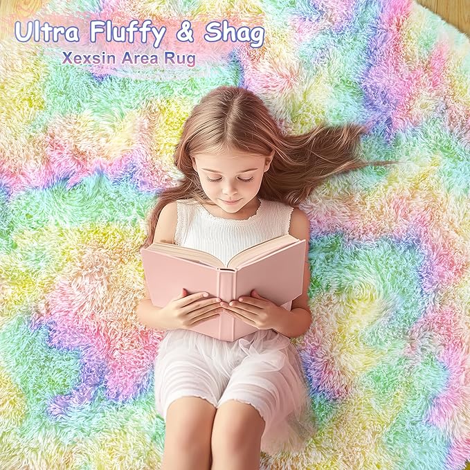 Round Fluffy Rugs 7Ft for Girls Bedroom, Rainbow Shag Circle Kids Rug Non-Slip for Bedside Dorm Nursery Playroom, Soft Cute Area Rugs for Living Room Decor