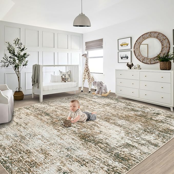 8x10 Area Rugs for Living Room, Washable Modern Abstract Large Area Rug Neutral Soft Non Slip Kids Rug Stain Resistant Indoor Carpet for Bedroom Dining Room Playroom Home Office(Brown, 8'x10')