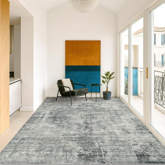 5x8 Large Entryway Rug Washable - Dark Blue and Gray Rug for Mudroom, Foyer, Hall, Living Room, Washable Low Pile Stain Resistent Slate Blue Décor
