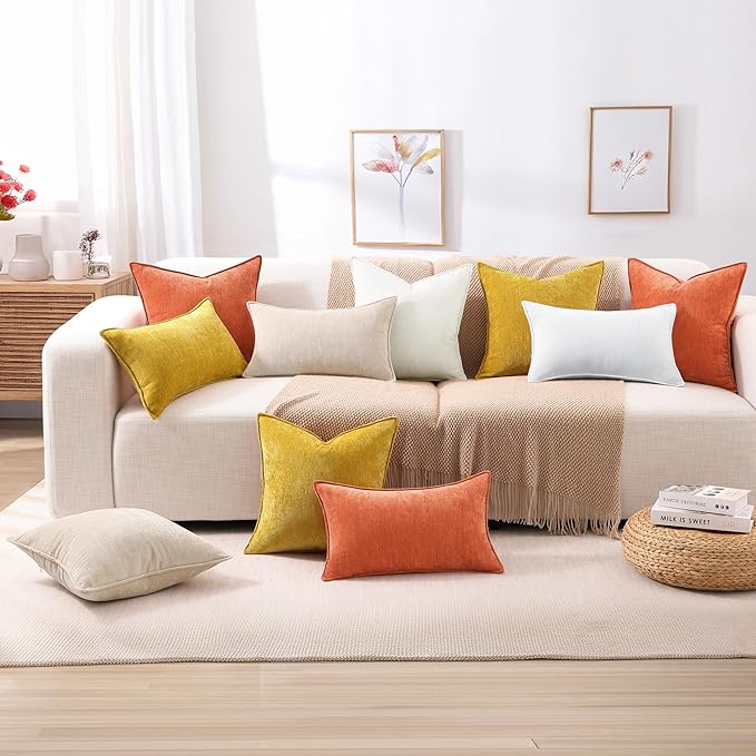 decorUhome Spring Couch Throw Pillow Covers 20x20 Set of 2, Decorative Soft Velvet Neutral Chenille Pillow Covers with Elegant Design for Sofa Bed Living Room Home Decor, Rust