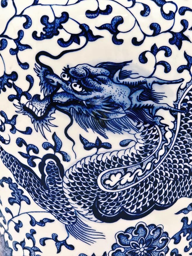24" Classic Blue and White Dragon Porcelain Ceramic Temple Ginger Jar Vase, Large China Qing Style (Dragon)