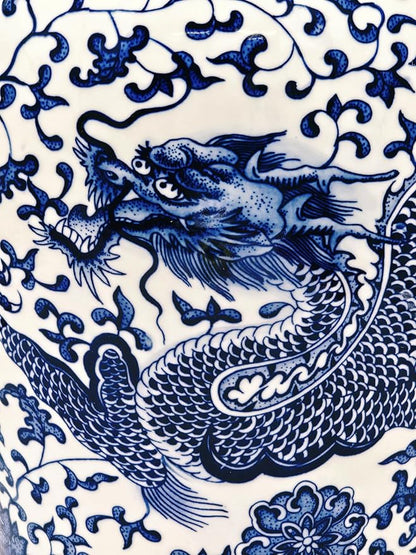 24" Classic Blue and White Dragon Porcelain Ceramic Temple Ginger Jar Vase, Large China Qing Style (Dragon)