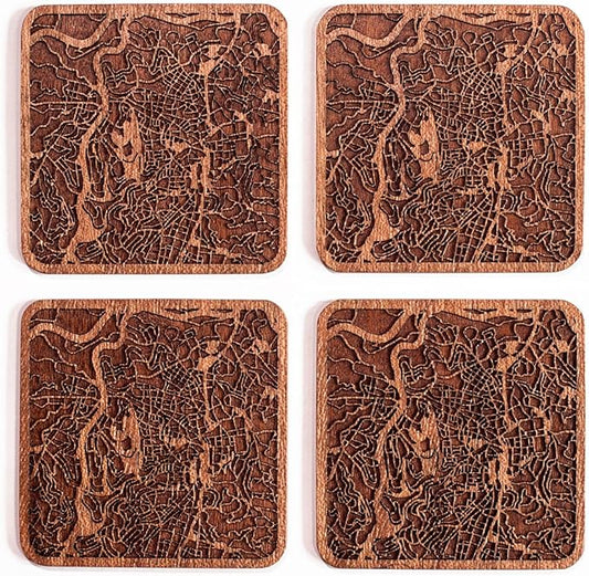 Jerusalem Map Coaster by O3 Design Studio, Set Of 4, Sapele Wooden Coaster With City Map, Handmade