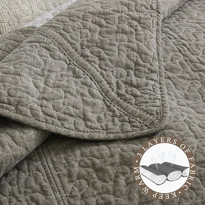 Bed Spread Queen Sized 102"x120" - 100% Cotton Lightweight Farmhouse Oversized Queen Quilt with 2 Pillowshams, Modern Printed Striped Quilted Bedding Coverlet Set for All Season, Brown