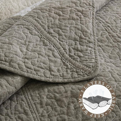 Bed Spread Queen Sized 102"x120" - 100% Cotton Lightweight Farmhouse Oversized Queen Quilt with 2 Pillowshams, Modern Printed Striped Quilted Bedding Coverlet Set for All Season, Brown