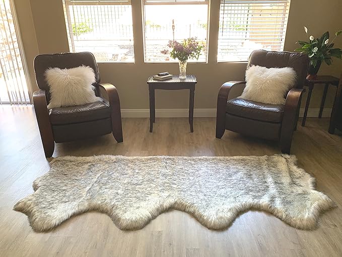 LAMBZY Faux Sheepskin Super Soft Hypoallergenic Silky Shag Rug for Living Room, Kids Room, Sofa (Quarto 4 Pelts Side by Side 3'x8', White/Black Tips)