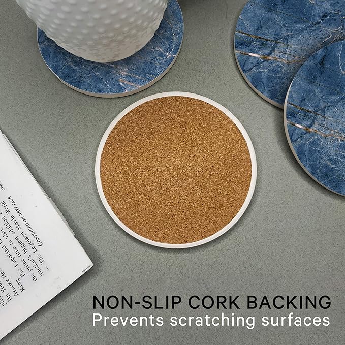 Emerson Coasters for Drinks Absorbent – Natural Stone Drink Coasters Set with Holder, Coasters for Coffee Table, Wooden Tabletop Protection Marble Style – 100% Heavy Duty Set of 6 (Ocean)
