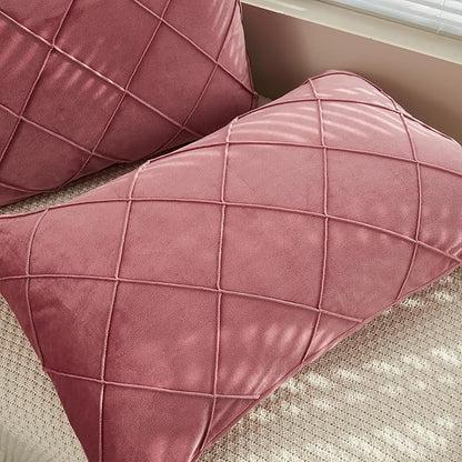 JAUXIO Diamond Pinch Pleated Crystal Velvet Pillowcases 2 Pack Solid Pintuck Throw Cushion Cover for Home Decor Hidden Zipper Closure (Dusty Rose, Standard)