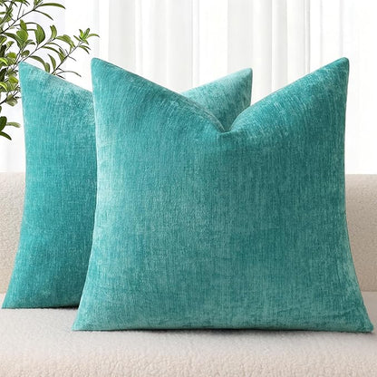 decorUhome Chenille Turquoise Throw Pillow Covers 22x22 Inch Set of 2, Decorative Soft Couch Pillow Covers Solid Dyed Accent Farmhouse Neutral Square Pillow Cases for Sofa Bed Living Room