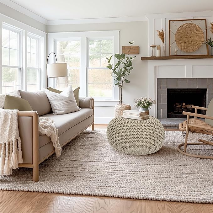COTTON CRAFT Round Pouf - Hand Knitted Tweed Cable Dori Pouf - Cotton Braid Cord Foot Stool Footrest Ottoman Accent Seat Furniture Bean Bag - Family Room Kids Nursery Dorm - 20x14 - Natural