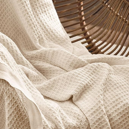 Bedsure Gentlesoft 100% Cotton Blanket Queen Size for Bed - Breathable and Soft, Thick Cozy Waffle Weave Christmas Blanket Gift for Women, Yellowish Cream, 90x90 Inches