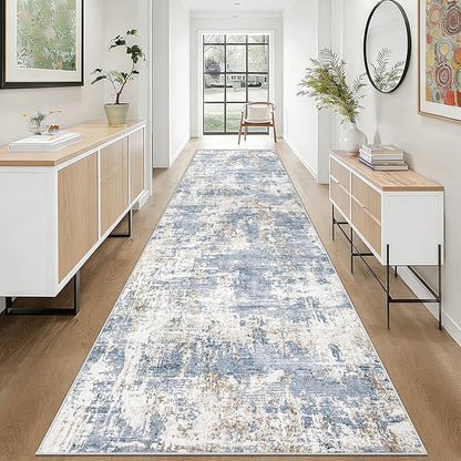 2.6x10 Runner Rug for Hallway, Washable Modern Abstract Runner Rugs Neutral Soft Non Slip Kids Rug Stain Resistant Indoor Runners for Hallways Entryway Bedroom Kitchen Laundry Room(Blue, 2'6''x10')