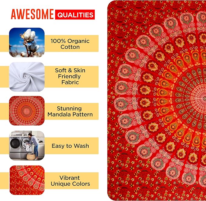 raajsee Red Tapestry- Best Mandala Wall Hanging- Bedding Tapestry For Bedroom Aesthetic-Size TWIN 140 X 210 CMS