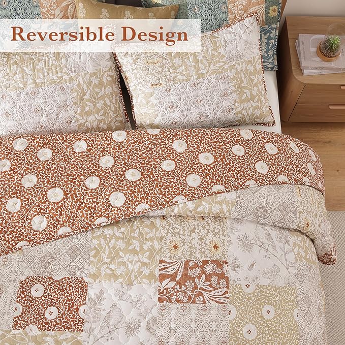 CASAAGUSTO King Size Quilt Set - 3 Pieces Patchwork Terracotta Quilt Bedding Set, Lightweight King Bedspread Coverlet, Reversible Floral Bed Cover for All Seasons (106"x94", 1 Quilt + 2 Pillow Shams)