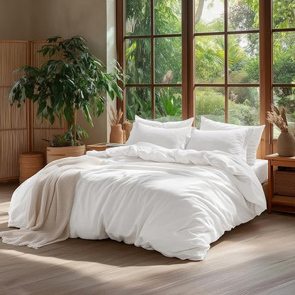 Bedsure 100% Washed Cotton Duvet Cover Queen Size - Natural White Minimalist Cotton Duvet Cover Linen Like for All Seasons - GentleSoft™ Plain Simple Bedding (Natural White, Queen, 90"x90")