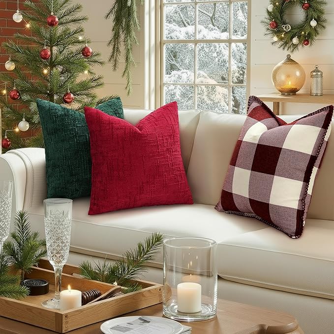 decorUhome Christmas Green Chenille Throw Pillow Covers 20x20 Set of 2 Thick Textured Slubby Couch Pillow Covers Farmhouse Accent Modern Neutral Decorative Pillow Cases for Bed Sofa Living Room