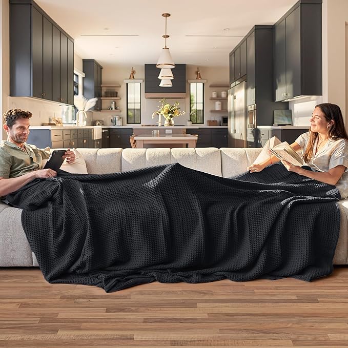 Bedsure Gentlesoft 100% Cotton Blanket King Size for Bed - Breathable and Soft, Thick Cozy Waffle Weave Christmas Blanket Gift for Women, Black, 104x90 inches