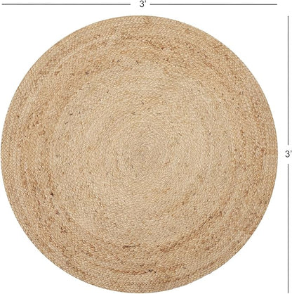 REDEARTH · Round Area Rug - 3 Feet Braided Natural Jute with Non-Skid Backing - Handwoven Boho Rug for Bedroom, Kitchen, Living Room - Farmhouse Aesthetic Home Decor - Durable Handmade Rug