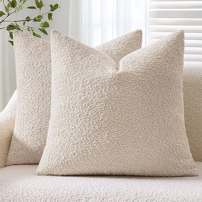 ANRODUO Pack of 2 Textured Boucle Throw Pillow Covers Soft Oatmeal Decorative Accent Solid Pillow Cases Cozy Modern Couch Cushion Case for Chair Sofa Bedroom Living Room Home Decor, 18 x 18 Inch