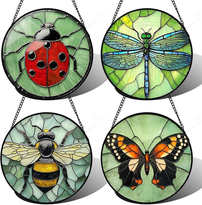 Stained Glass Window Hanging 4 Pcs Set Butterfly Dragonfly Bee Ladybug Large 15" - Suncatcher Door Garden Sun Catcher Decor Birthday Mother's Day for Mom Woman Nana Men
