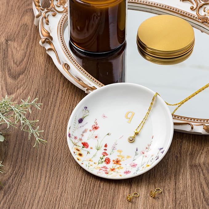 Crisky Initial Jewelry Tray Ring Dish & Gift Box, Ceramic Flower Trinket Dish for Rings Earrings Necklaces Keys, Bridal Shower Engagement Birthday Gift for Women, Friends 4.57" (Gold Foil Q
