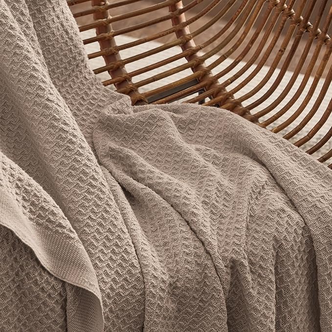 Bedsure Gentlesoft 100% Cotton Large Throw Blanket for Couch 50x70 inches - Breathable and Soft, Waffle Weave Throw Blanket for Office, Light Brown