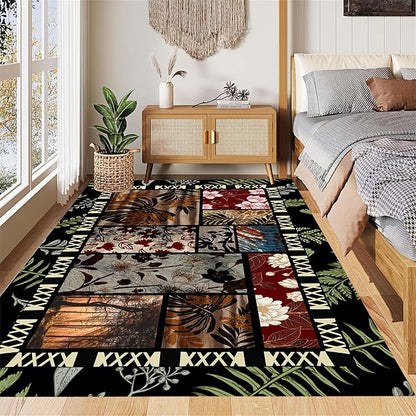 Jungle Floral Area Rugs 3x5ft, Tropical Leaf Print Washable Carpet, Non-Slip Soft Low Pile Accent Mat for Bedroom, Dining Room, Nursery, Playroom