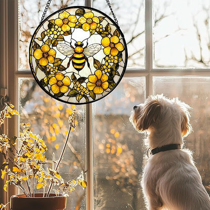 Stained Glass Window Hanging - Yellow Flowers Surrounded by Bees Sun Catcher for Door Garden Home Decor Cute Suncatcher Christmas Mother's Day Birthday Gifts for Women Men Mom Nana 9.8 in