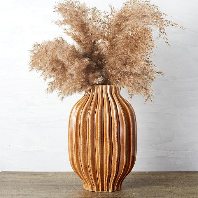BlossoME 11" Large Ceramic Vases Brown for Farmhouse Entryway Decorative Pottery Living Room Kitchen Decoration Fall Flower Vase for Pampas Grass Fireplace Mantel Console Table