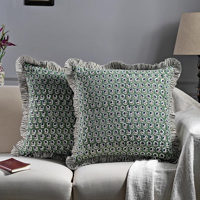 Ridhi Modern Farmhouse Pillow Covers Decorative Cotton Throw Pillow Covers Set of 2 Basil Green Cushion Covers with Ruffle for Couch Sofa Bed Living Room Spring Home Decor 16x16