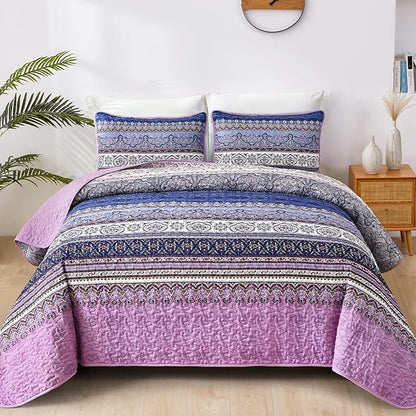 WONGS BEDDING Boho King Quilt Set, Purple Bohemian Quilt Bedding Set, Lightweight Bed Decor Bedspread for All Season Reversible Microfiber Coverlet Bedding Set 110"x90"(3 Pieces)