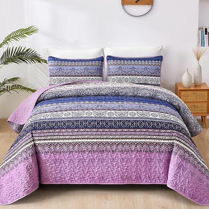 WONGS BEDDING Boho Queen Quilt Set, Purple Bohemian Quilt Bedding Set, Lightweight Bed Decor Bedspread for All Season Reversible Microfiber Coverlet Bedding Set 96"x90"(3 Pieces)