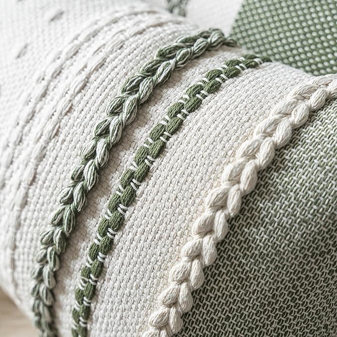 Boho Throw Pillow Covers 12x20 Inch Set of 2, Green Textured Decorative Couch Pillow Cases for Farmhouse Home Decor, Accent Cushion Cover for Sofa, Bed, Living Room, Bedroom