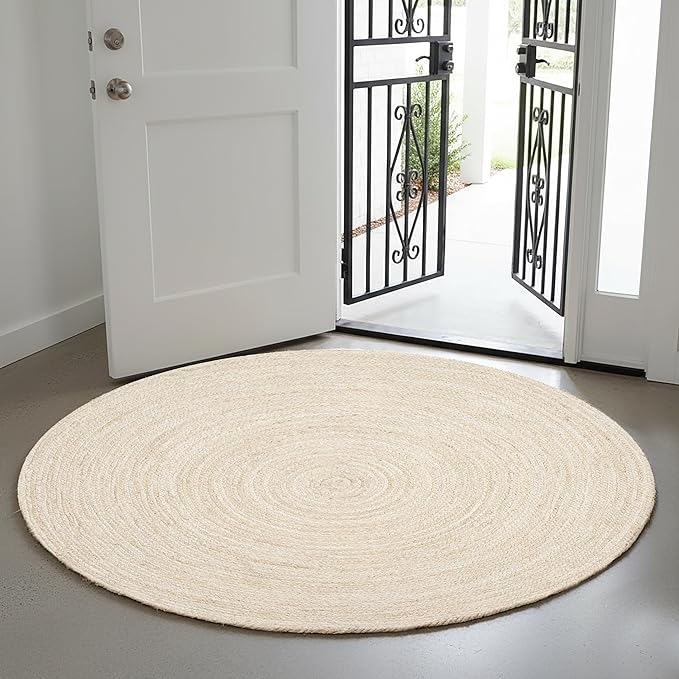 Hausattire Jute Braided Rug, 5’ Round – Off White, Reversible Boho Entry Area Rugs for Kitchen, Living Room, Bedroom I Farmhouse Hand Woven Decorative Floor Carpet Mat, 5 Feet Round