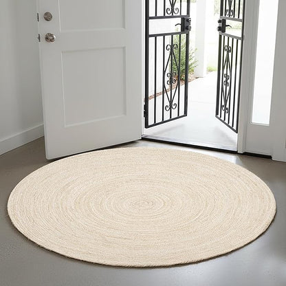 Hausattire Jute Braided Rug, 5’ Round – Off White, Reversible Boho Entry Area Rugs for Kitchen, Living Room, Bedroom I Farmhouse Hand Woven Decorative Floor Carpet Mat, 5 Feet Round