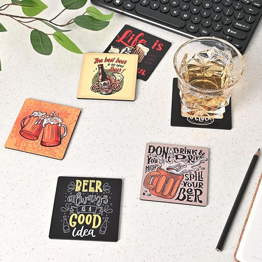 GKD Wooden Coasters for Drinks, Motivational MDF Wooden Coasters Set of 6 with Holder, 3.8 inches Eco-Friendly Absorbent Coaster for Coffee Table, Office, Bar, Drinking Glasses, Tabletop Protection