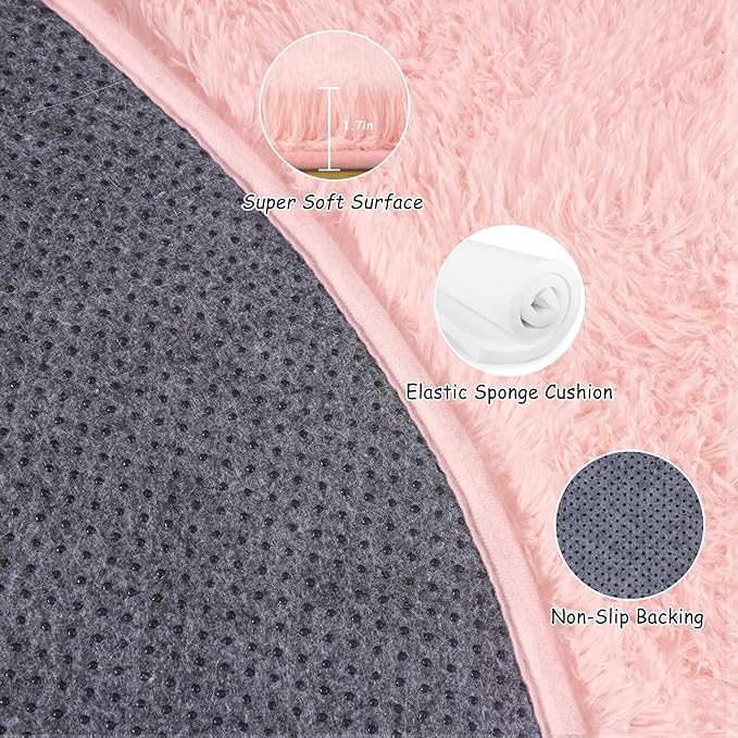 Round Fluffy Rugs 7Ft for Girls Bedroom, Pink Shag Circle Kids Rug Non-Slip for Bedside Dorm Nursery Playroom, Soft Cute Area Rugs for Living Room Decor