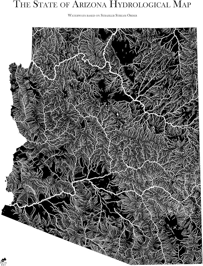 Muir Way Hydrological River Map of Arizona - Watershed Topographic Wall Art for Home, Office, or Travel Decor - Unframed Flat Paper Print, 18x24