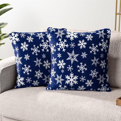 PAVILIA Holiday Throw Pillow Covers 20x20 Set of 2, Decorative Pillow Cases Bed Sofa Couch, Christmas Winter Accent Decor Cushion Bedroom Living Room, Velvet Square Euro Sham Covers, Snowflake Blue