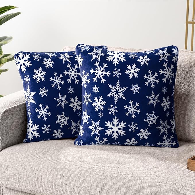 PAVILIA Holiday Throw Pillow Covers 18x18 Set of 2, Decorative Pillow Cases Bed Sofa Couch, Christmas Winter Accent Decor Cushion Bedroom Living Room, Velvet Square Euro Sham Covers, Snowflake Blue