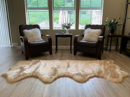 LAMBZY Faux Sheepskin Super Soft Hypoallergenic Silky Shag Rug for Living Room, Kids Room, Sofa (Quarto 4 Pelts Side by Side 3'x8', Beige)