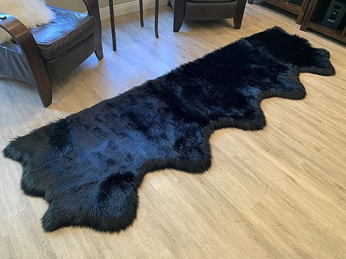 LAMBZY Faux Sheepskin Super Soft Hypoallergenic Silky Shag Rug for Living Room, Kids Room, Sofa (5 Pelts Side by Side 3'x10', Black)