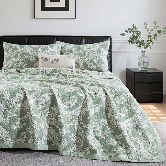 100% Cotton Muslin Jacquard 3 Piece Quilt Set Paisley Print, Soft 3 Layers Gauze Bed Cover Reversible Bedspread Coverlet Breathable Lightweight Bedding Set, Queen
